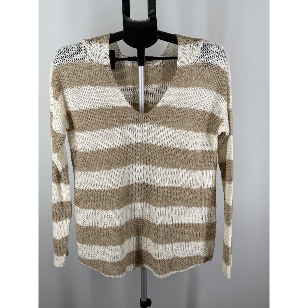 Lucky Brand Womens Striped Linen Blend Knit V-Neck Hoodie Sweater Tan Cream M
